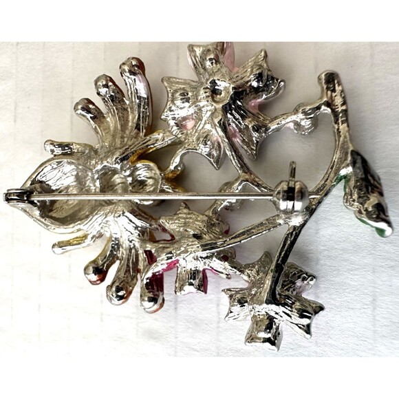 Crystal Rhinestone Flower Bee Brooch Pin Yellow Pink Silver-Tone 1-5/8” x 2-1/8” - Picture 5 of 9